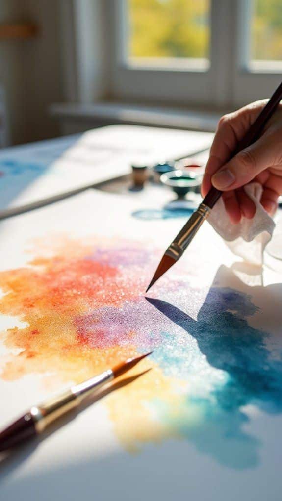 Watercolour Inspiration_ Exploring Techniques Soft Blends Artist painting vibrant watercolor art with brush on paper by sunny window, focusing on colorful abstract design process. | Sky Rye Design Artist painting vibrant watercolor art with brush on paper by sunny window, focusing on colorful abstract design process.