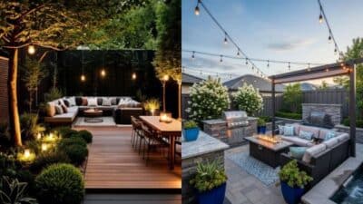 Modern outdoor patio designs with cozy seating, ambient string lights, and lush greenery, perfect for evening gatherings and relaxation.