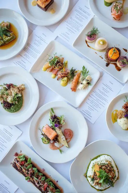 Wedding Tasting_ What You Need to Know - Wedding_ An array of gourmet dishes on white plates, showcasing vibrant, artfully presented culinary creations in a stylish restaurant setting. | Sky Rye Design An array of gourmet dishes on white plates, showcasing vibrant, artfully presented culinary creations in a stylish restaurant setting.