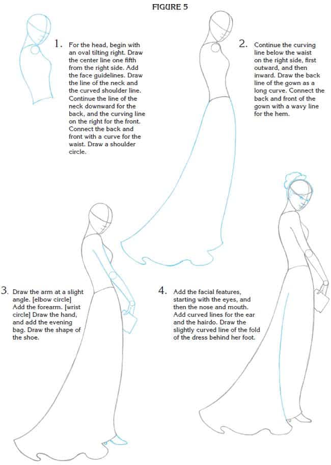 Welcome to Dover Publications Fashion illustration guide: Step-by-step process to draw a figure in an elegant dress, including head, body, and accessory details. | Sky Rye Design Fashion illustration guide: Step-by-step process to draw a figure in an elegant dress, including head, body, and accessory details.