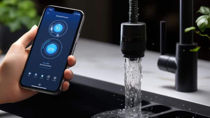 What Is IoT Device Monitoring and How Does It Work_ Smartphone controlling water temperature on a kitchen faucet with a digital app for efficient water use. | Sky Rye Design Smartphone controlling water temperature on a kitchen faucet with a digital app for efficient water use.