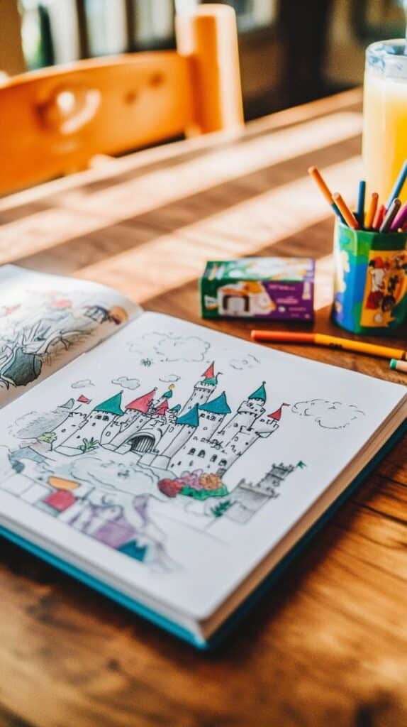 Colorful castle drawing in coloring book on table, surrounded by pencils, crayons, and orange juice, in bright sunlight.