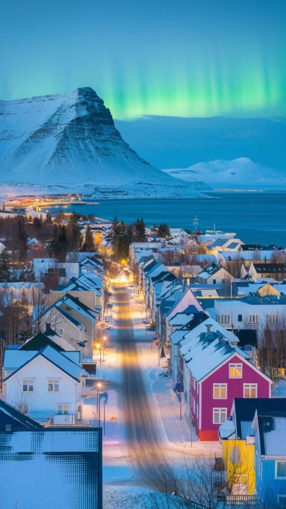 Scenic snowy street with Northern Lights in Iceland, vibrant houses, mountain, and sea in background.