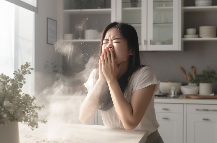 Person sneezing in kitchen, triggering flour cloud. Allergic reaction or baking mishap. Home cooking scene.