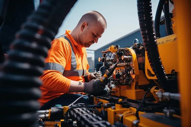 Technician in an orange safety vest repairs industrial machinery, focusing on intricate components. Industrial maintenance concept.
