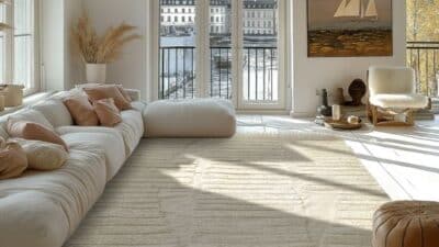 Modern living room with beige sofa, large windows, and neutral decor, overlooking a cityscape and balcony.