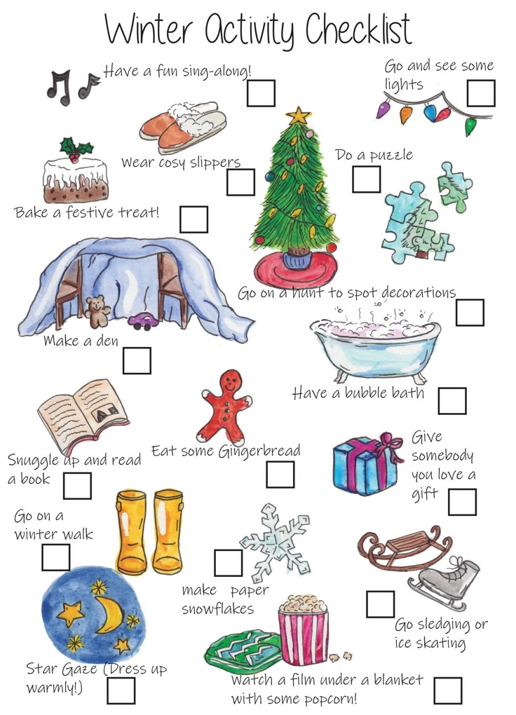 Winter activity checklist with illustrations: bake a treat, make a den, go on a winter walk, star gaze, watch a film with popcorn.