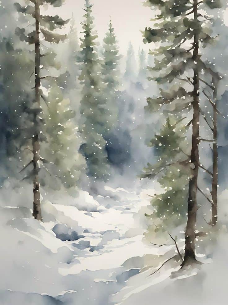 Winter Scene Painting Forest Road Print Snow Landscape Christmas Decor Pine Trees Watercolor Painting Prints Large Wall Art - Etsy Watercolor painting of a snowy forest with tall evergreen trees, gently falling snowflakes, and a serene winter landscape. | Sky Rye Design Watercolor painting of a snowy forest with tall evergreen trees, gently falling snowflakes, and a serene winter landscape.