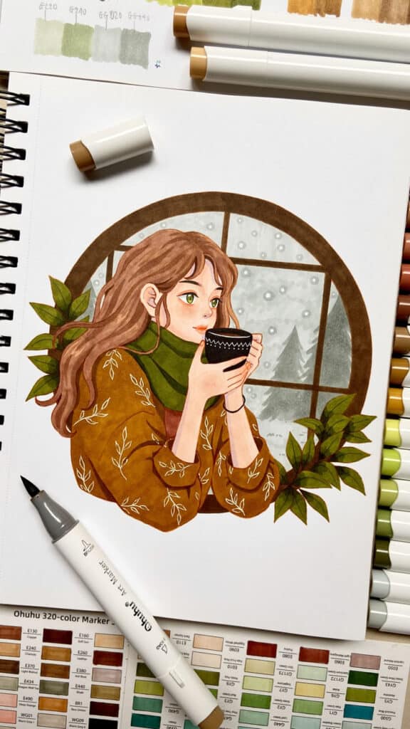 Illustration of a girl with a cup, looking out a window in winter, surrounded by art supplies and color swatches.