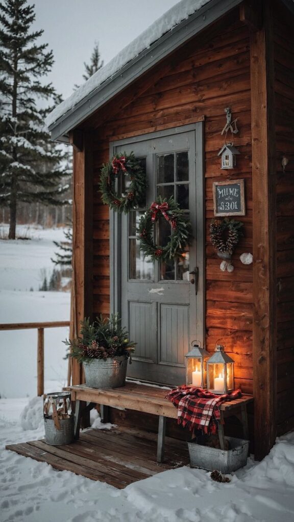 Winter porch decor pots Cozy winter cabin entrance with wreaths, candles, and snowy decor creating a warm, festive holiday atmosphere. | Sky Rye Design Cozy winter cabin entrance with wreaths, candles, and snowy decor creating a warm, festive holiday atmosphere.