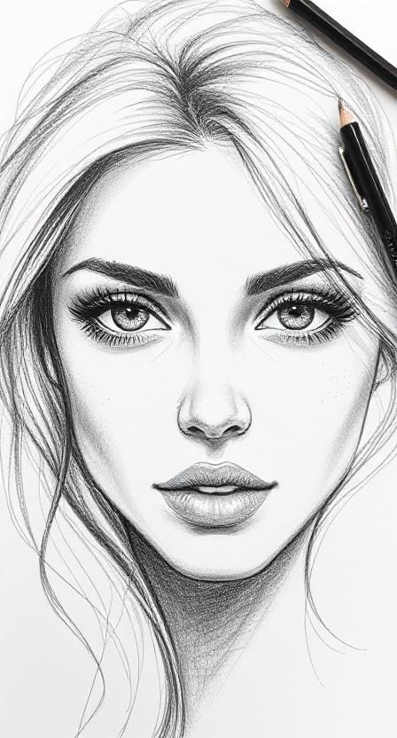 Women portrait reference Pencil sketch of a woman with detailed eyes and lips, showcasing intricate shading and hair pencil strokes. | Sky Rye Design Pencil sketch of a woman with detailed eyes and lips, showcasing intricate shading and hair pencil strokes.