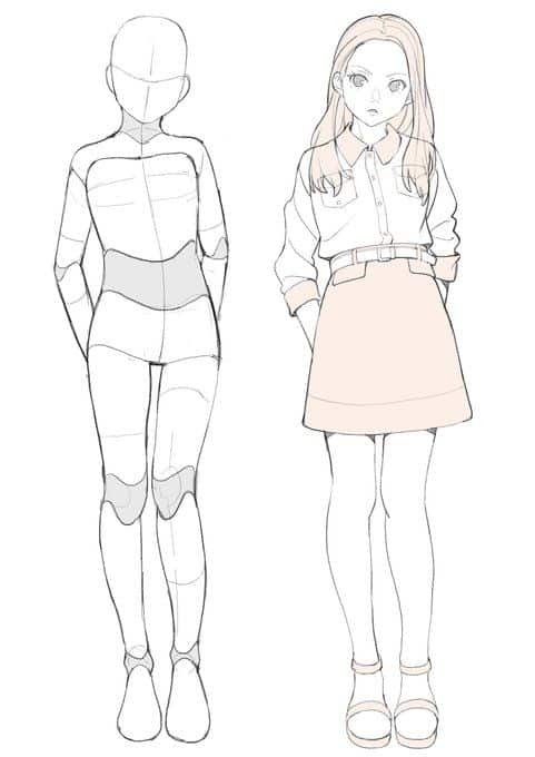 Anime character design illustration with a detailed girl figure and basic body sketch outline. drawing