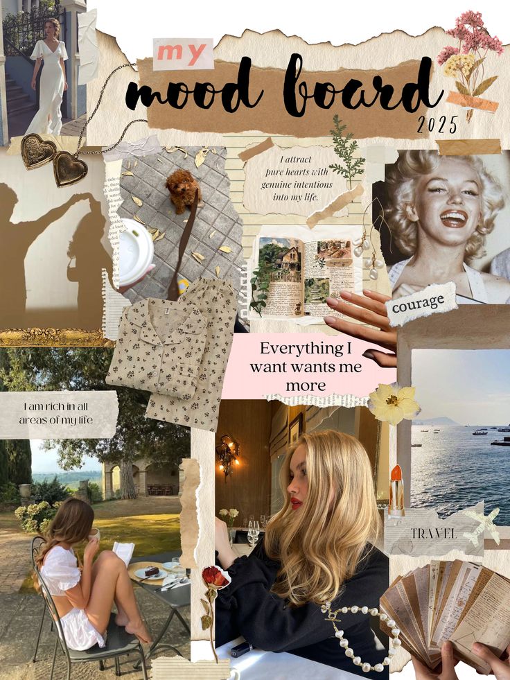 Inspirational mood board collage featuring fashion, travel, quotes, and positive affirmations for 2025 personal goals and lifestyle.