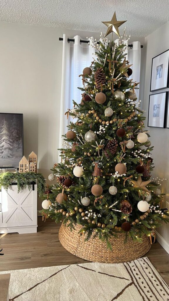 Tall Christmas tree decorated with gold and brown ornaments, star topper in cozy living room corner.
