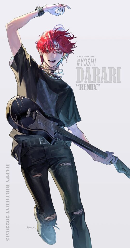 Anime character with red hair playing electric guitar, performing energetically in black outfit. Text: #Yoshi Darari Remix.