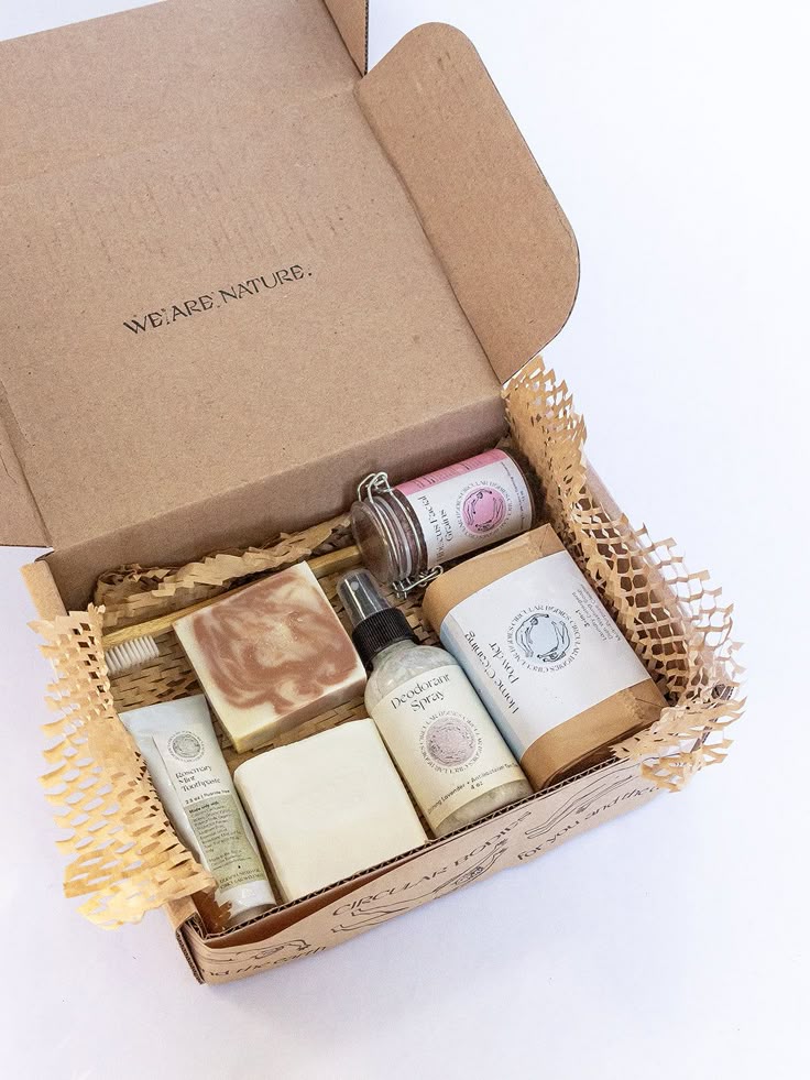 Zero Waste Kit - Abundant Eco-friendly skincare gift set in a cardboard box, featuring soap bars, deodorant spray, and natural beauty products. Eco packaging. | Sky Rye Design Eco-friendly skincare gift set in a cardboard box, featuring soap bars, deodorant spray, and natural beauty products. Eco packaging.