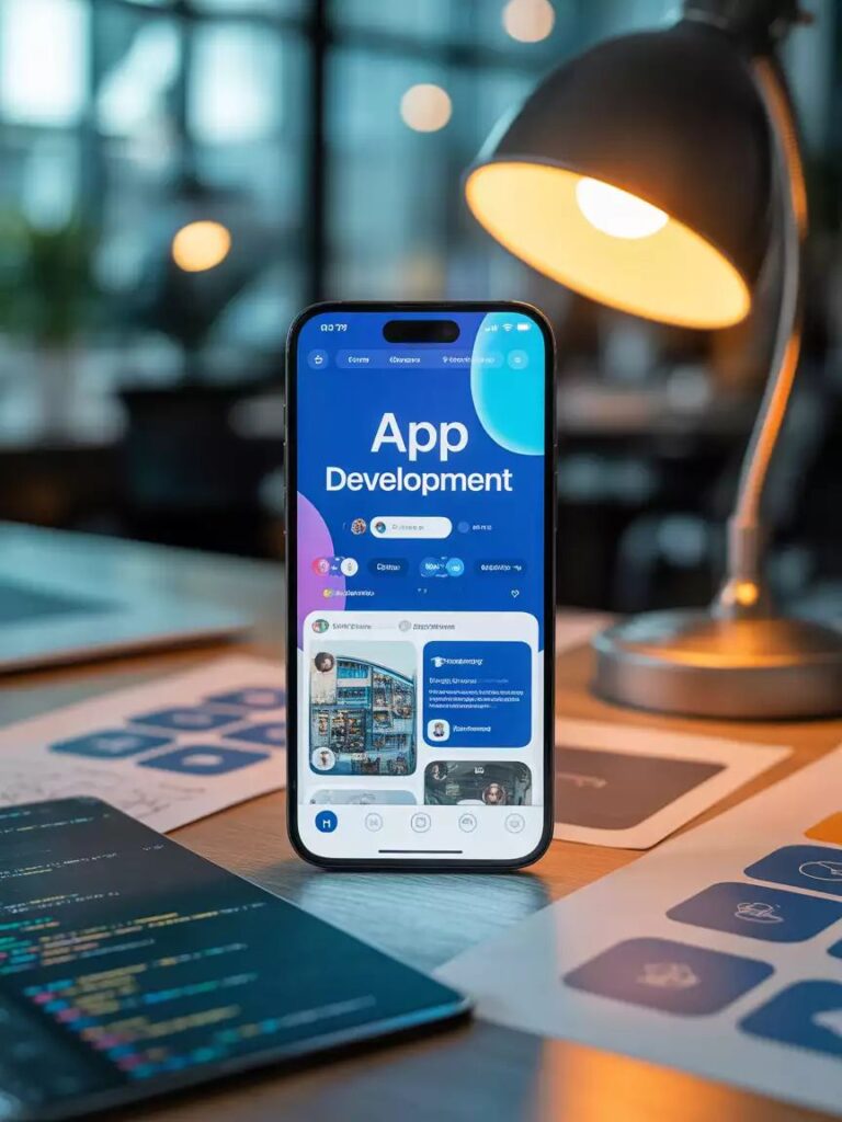 a3d39fd7ee1f89350e7d3c513efc3366 Smartphone displaying an app development interface on a desk, with code and design drafts under a warm desk lamp in modern office setting. | Sky Rye Design Smartphone displaying an app development interface on a desk, with code and design drafts under a warm desk lamp in modern office setting.