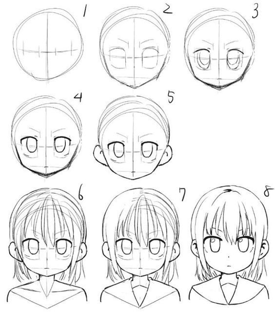 Step-by-step guide to drawing a manga-style face, from basic shapes to detailed features, showcasing artistic techniques.