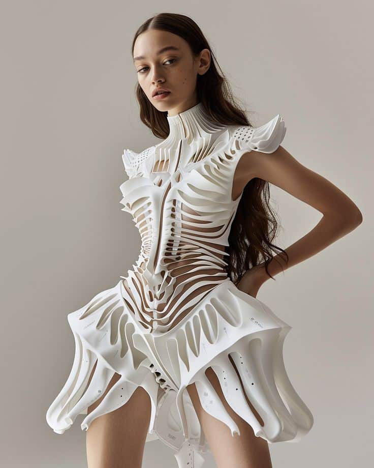 Woman in an intricate, sculptural white dress with cut-out details, posing against a neutral background, showcasing avant-garde fashion.