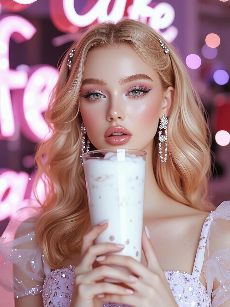 Blonde woman in elegant attire holds a milkshake in a trendy neon-lit cafe, showcasing style and modern café culture.