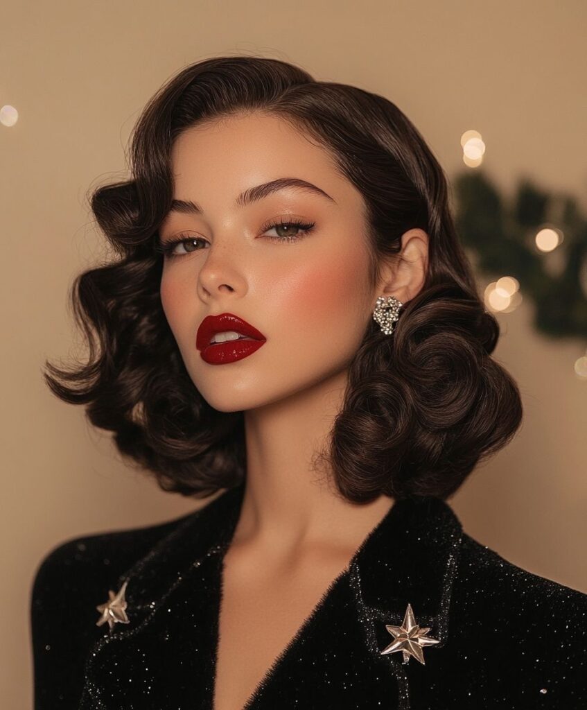 a5d3a044e8371f740c137ff06331ab78 Elegant woman with vintage curls and bold red lipstick wearing a sparkling black outfit and statement earrings against a soft background. | Sky Rye Design Elegant woman with vintage curls and bold red lipstick wearing a sparkling black outfit and statement earrings against a soft background.