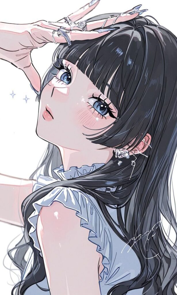 a6202580-e12a-4681-9f02-73c8d9f7f1ca Anime girl with long black hair and blue eyes, adorned with metal rings and earrings, gazing upward, wearing a frilly blue top. | Sky Rye Design Anime girl with long black hair and blue eyes, adorned with metal rings and earrings, gazing upward, wearing a frilly blue top.