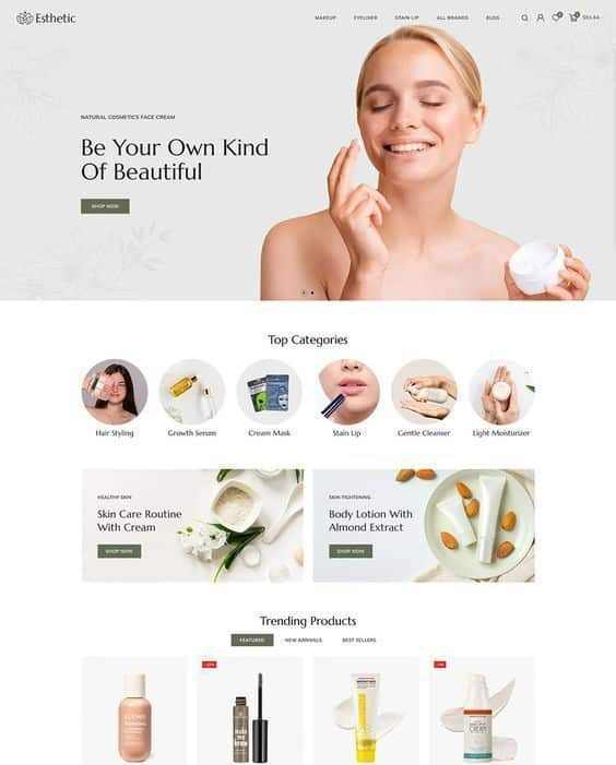 Modern skincare website design with categories for hair styling, creams, lotions, and beauty products, featuring a smiling woman.