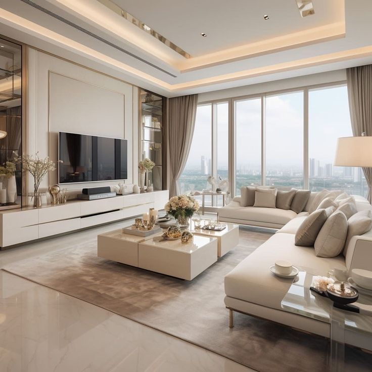 Luxurious modern living room with elegant decor, plush sofas, large windows, and a stylish coffee table centerpiece.