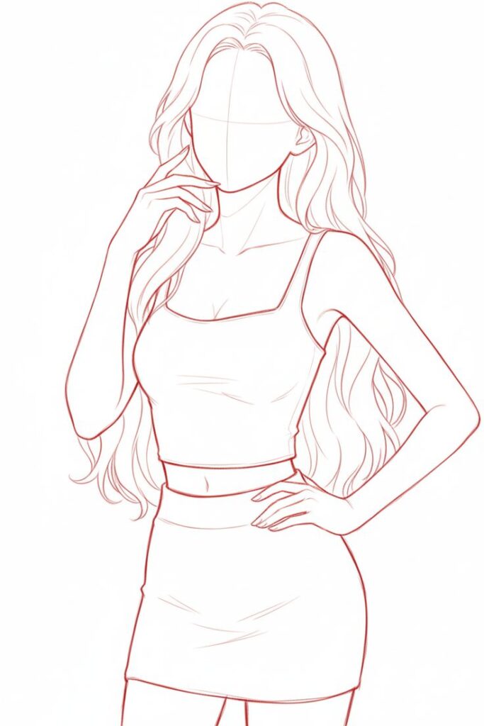 Outline drawing of a faceless woman with long hair, wearing a tank top and skirt, hand on hip, and looking confidently forward.