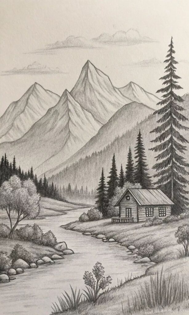 a927fe211724d3ae7b2471114adad358 Pencil drawing of a serene mountain landscape with a cabin by a river, surrounded by trees and rolling hills under a cloudy sky. | Sky Rye Design Pencil drawing of a serene mountain landscape with a cabin by a river, surrounded by trees and rolling hills under a cloudy sky.