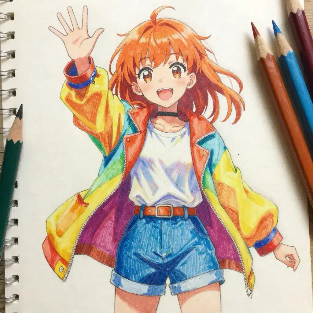 Anime character with orange hair in a colorful jacket and denim shorts, waving happily. Surrounded by colored pencils on sketchbook.