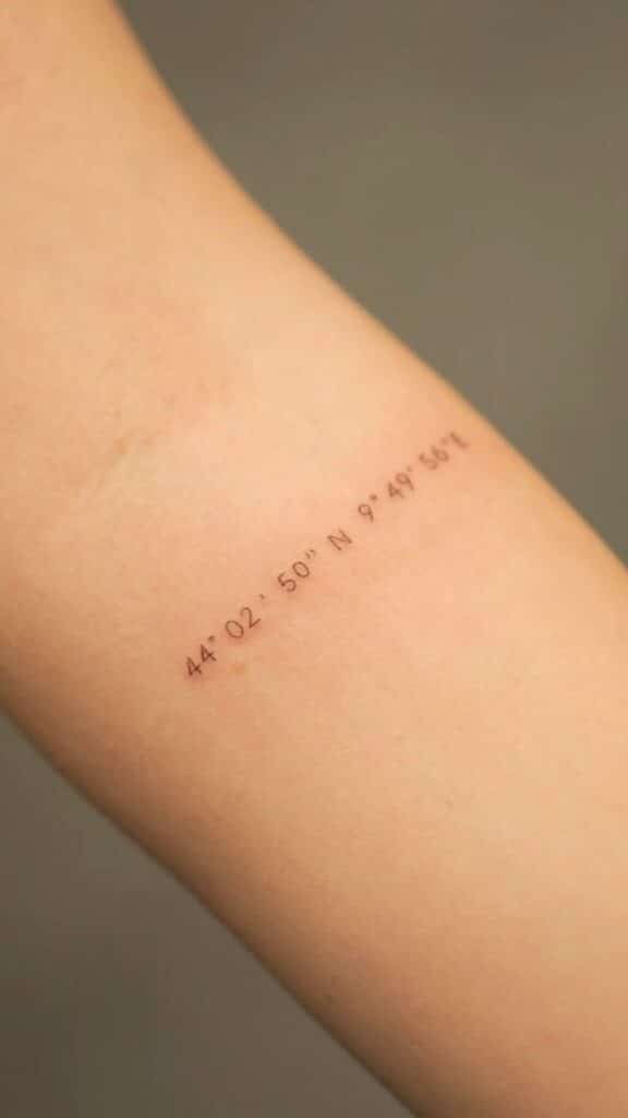 a9bfc8ac85b789d6aba73a0b7603baae Minimalist coordinates tattoo on forearm in black ink, simple geographic design. | Sky Rye Design Minimalist coordinates tattoo on forearm in black ink, simple geographic design.