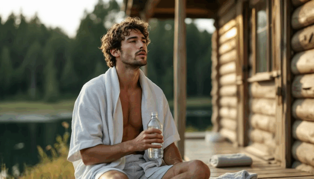 Man relaxing in a towel on a wooden porch, holding a water bottle, near a serene lake surrounded by trees. Peaceful retreat scene.