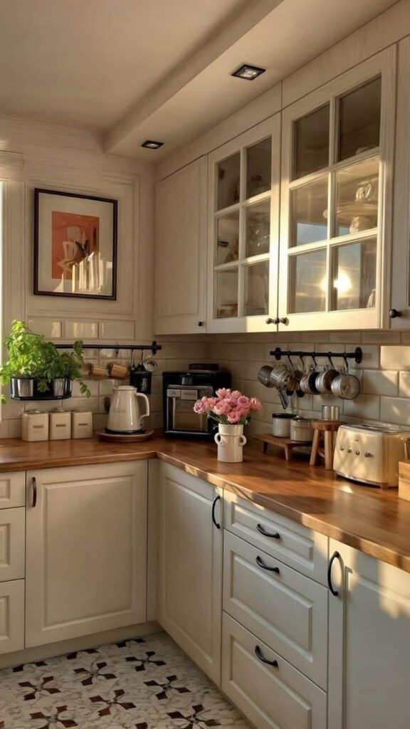 Cozy kitchen with wooden countertops, white cabinets, hanging mugs, and pink flowers. Sunlight streaming in for a warm ambiance.