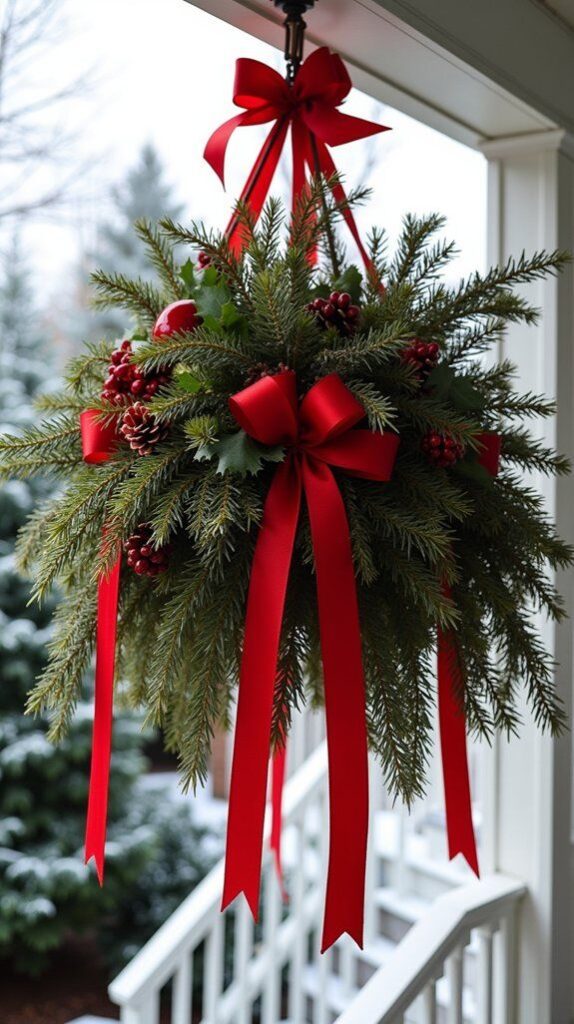 ae28013b4ed3536415a2d8ec035f3a3e Hanging evergreen Christmas arrangement with red ribbons, berries, and pine cones on a snow-covered porch. Festive holiday decor. | Sky Rye Design Hanging evergreen Christmas arrangement with red ribbons, berries, and pine cones on a snow-covered porch. Festive holiday decor.