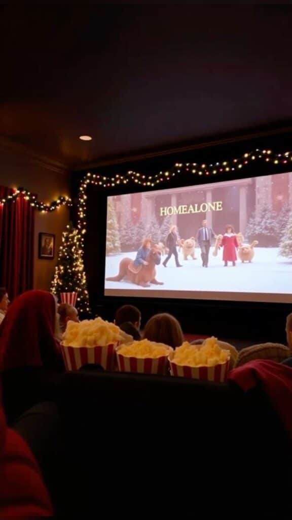 Christmas movie night with popcorn, watching Home Alone under festive lights in a cozy theater.