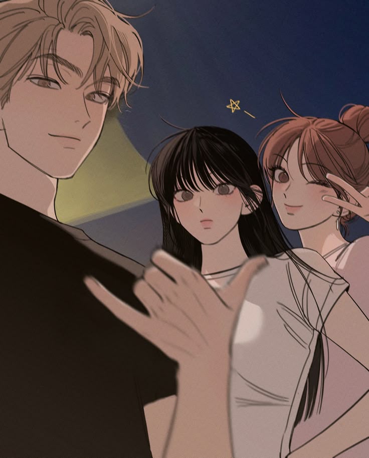 aerfvg Three stylish anime characters pose confidently together at night, each showing distinct expressions and gestures. | Sky Rye Design Three stylish anime characters pose confidently together at night, each showing distinct expressions and gestures.