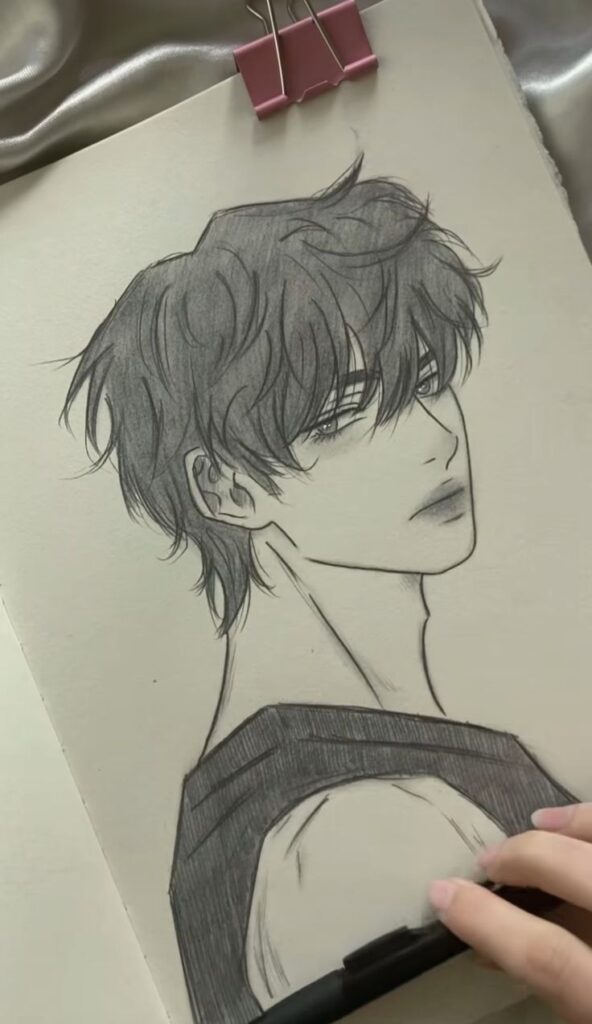 aerga Anime style sketch of a young man with tousled hair and a sleeveless top, drawn on a sketchbook. | Sky Rye Design Anime style sketch of a young man with tousled hair and a sleeveless top, drawn on a sketchbook.