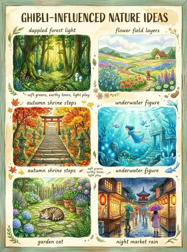 Ghibli-inspired nature collage: forest, flower field, autumn shrine, underwater scene, garden cat, rainy night market