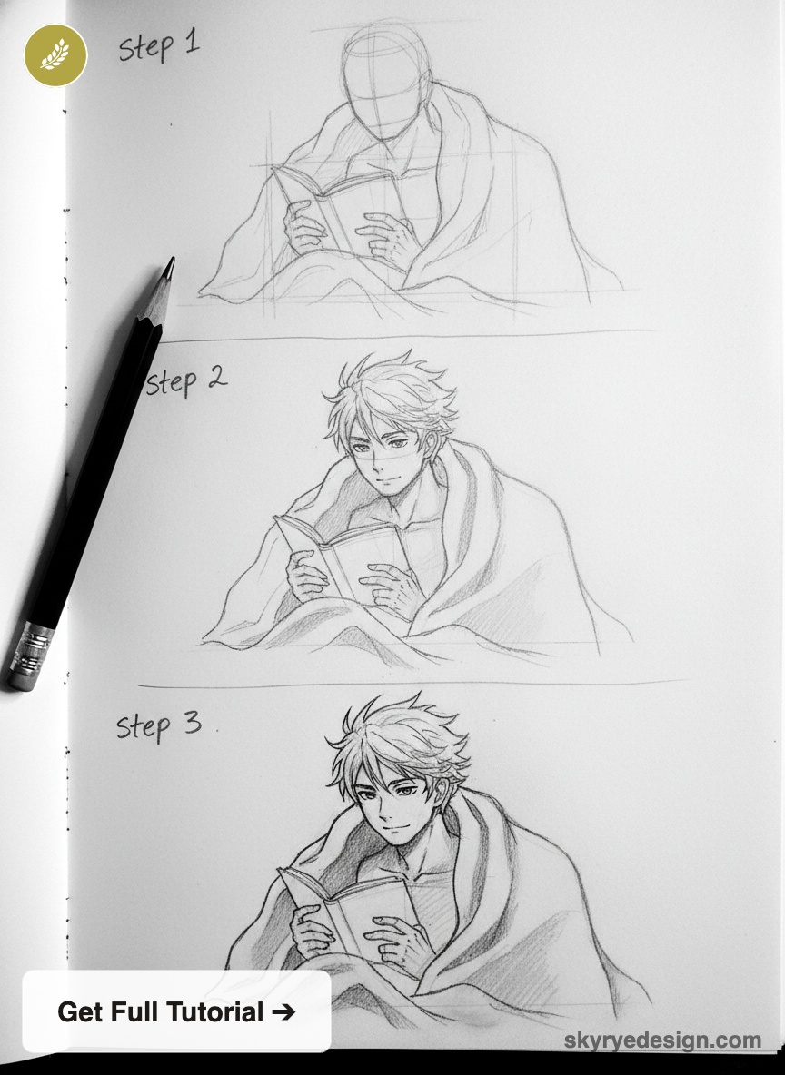 Step-by-step pencil drawing tutorial: three stages of an anime-style young man reading a book under a blanket, pencil sketch