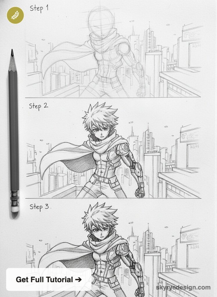 Step-by-step pencil sketch tutorial of a manga-style cyborg hero on rooftop cityscape, three stages with pencil on left.