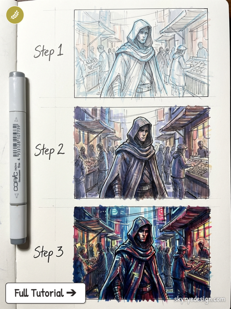 Three-step illustration process showing a cloaked character in a crowded market — pencil sketch to full color marker rendering.