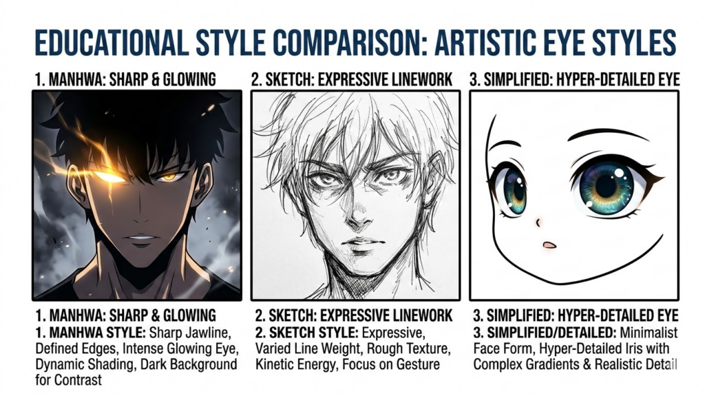 Comparison of three artistic eye styles: manhwa sharp glowing eye, expressive sketch linework, simplified hyper-detailed iris