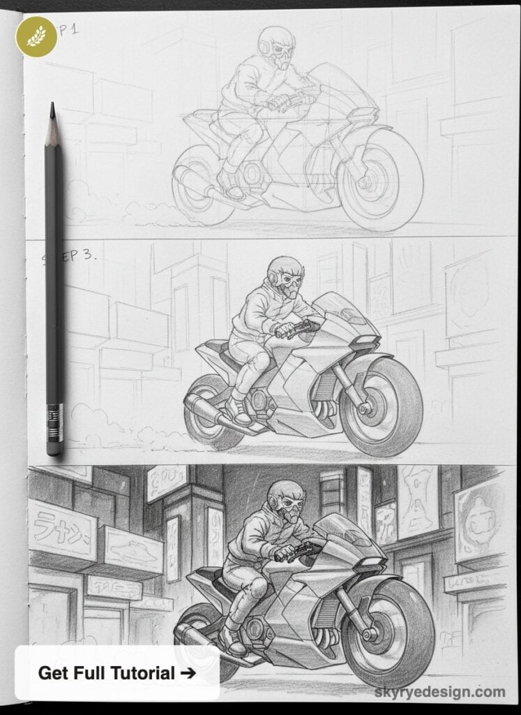 Step-by-step pencil sketch tutorial showing a rider on a futuristic motorcycle in a city, three-stage drawing