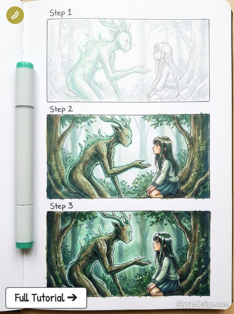 Step-by-step drawing tutorial: marker illustration of a girl meeting a tree-like forest creature, sketch to finished.