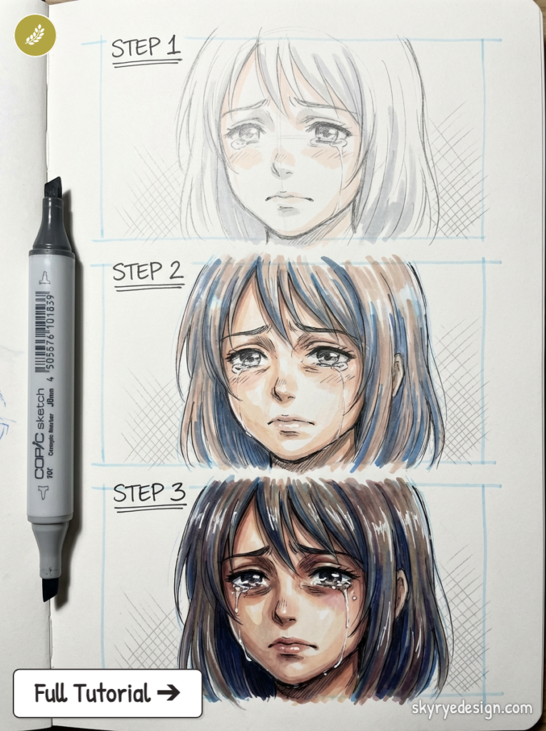 Three-step manga tutorial: Copic marker progression showing a crying girl's portrait from sketch to full-color rendering