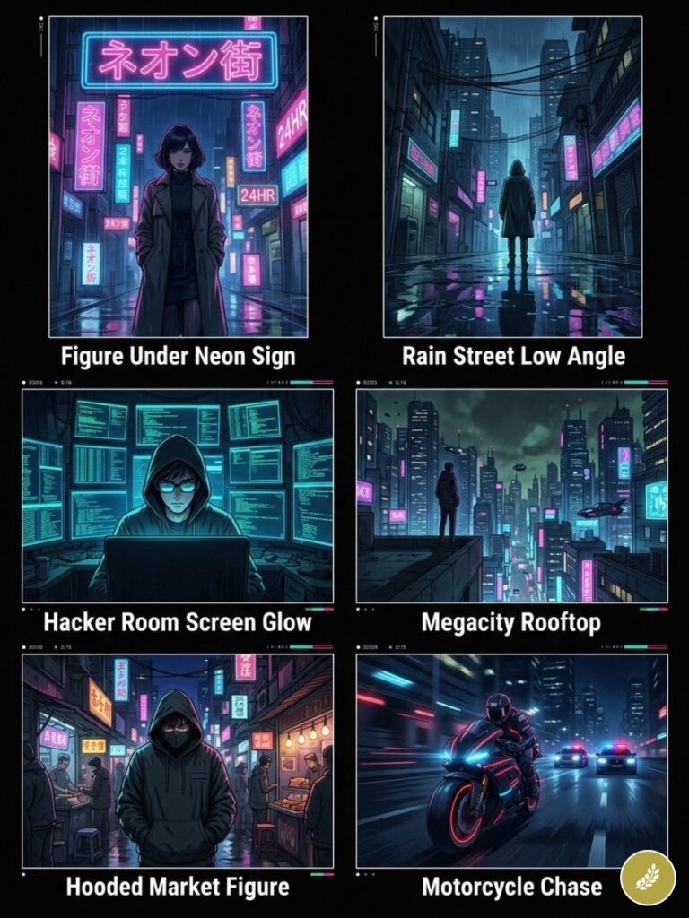 Cyberpunk neon city collage: rain-soaked streets, hooded figures, hacker at screens, megacity rooftop and motorcycle chase.