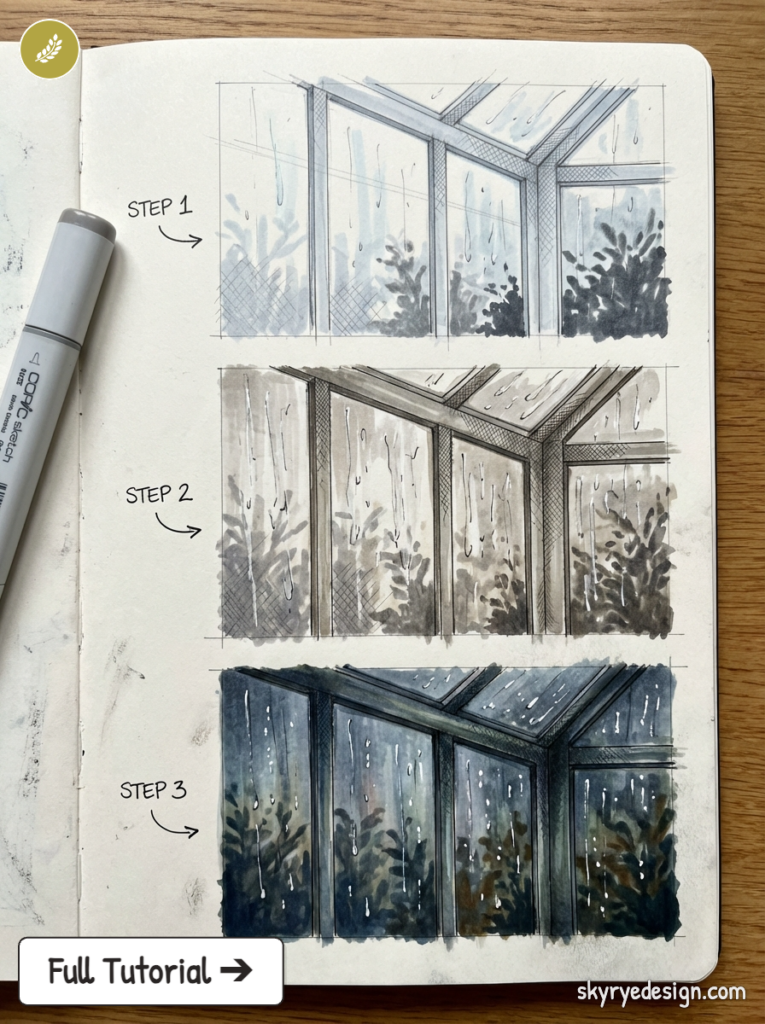 Watercolor tutorial: sketchbook three-step rainy conservatory window and foliage study, Copic marker beside sketch