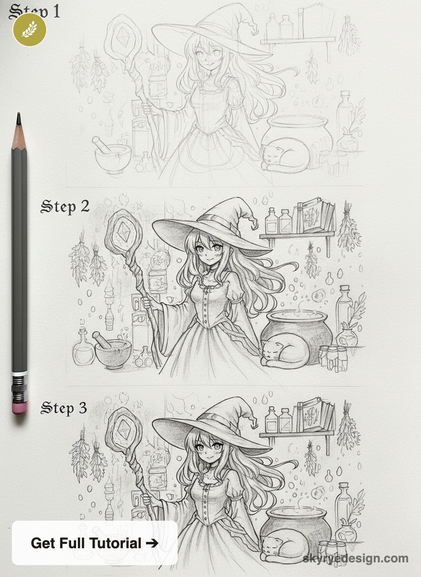 Three-step pencil sketch tutorial of a whimsical witch with staff, cauldron and sleeping cat in a potion-filled room