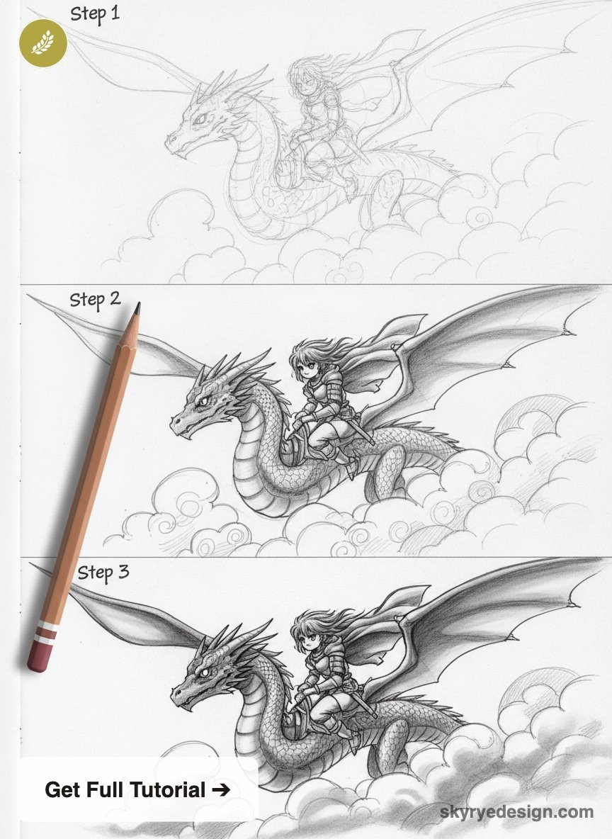 Three-step pencil drawing tutorial of a girl riding a winged dragon over clouds, showing sketch to shaded illustration.